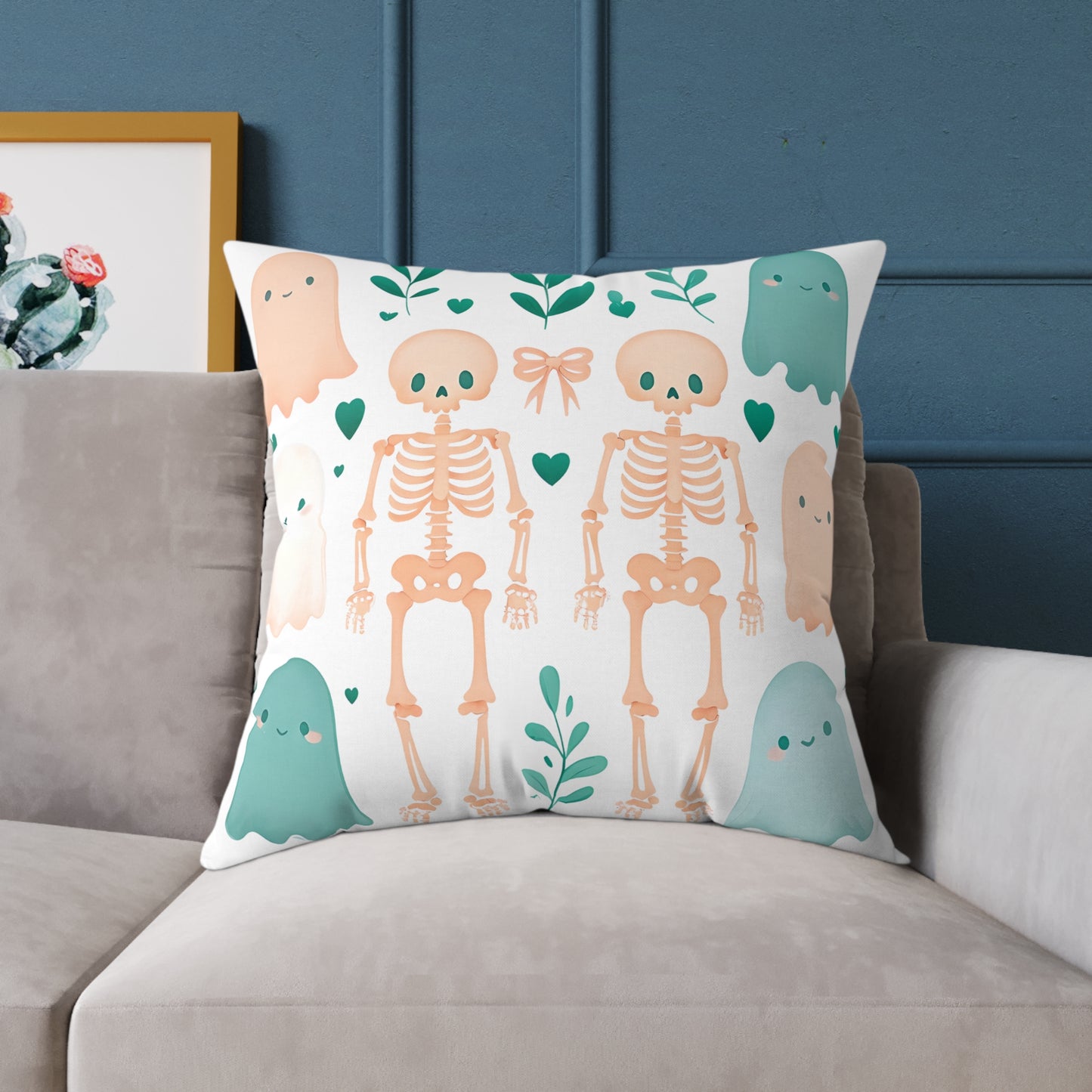 Cute Halloween Decorative Pillow, Ghost and Skeleton Throw Pillow, Spooky Home Decor, Fall Accent Cushion, Halloween Gift