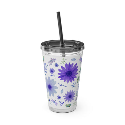Sunsplash Floral Tumbler: 16oz Reusable Drink Cup, Eco-Friendly Travel Mug, Summer Party Gift, Floral Straw Cup, Garden Inspired Drinkware