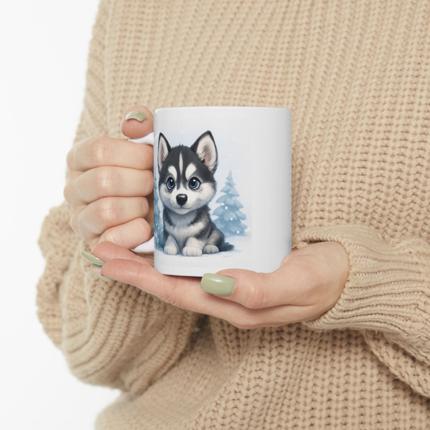 Winter Ceramic Mug, Cute Winter Mug, Holiday Gift, Cozy Drinkware, Husky Puppy Coffee Cup, Adorable Animal Mug Gift, Dog Lover gift