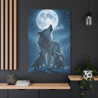 Wolf Family Moonlit Canvas Art, Nature Decor, Wildlife Wall Art, Home Office Art, Gift for Animal Lovers