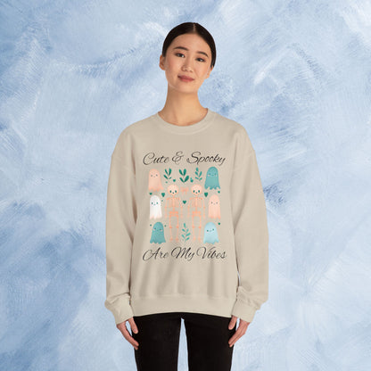 Cute & Spooky Vibes Crewneck Sweatshirt, Unisex Sweatshirt, Halloween Apparel, Cozy Casual Wear, Ghost Design, Comfortable Top
