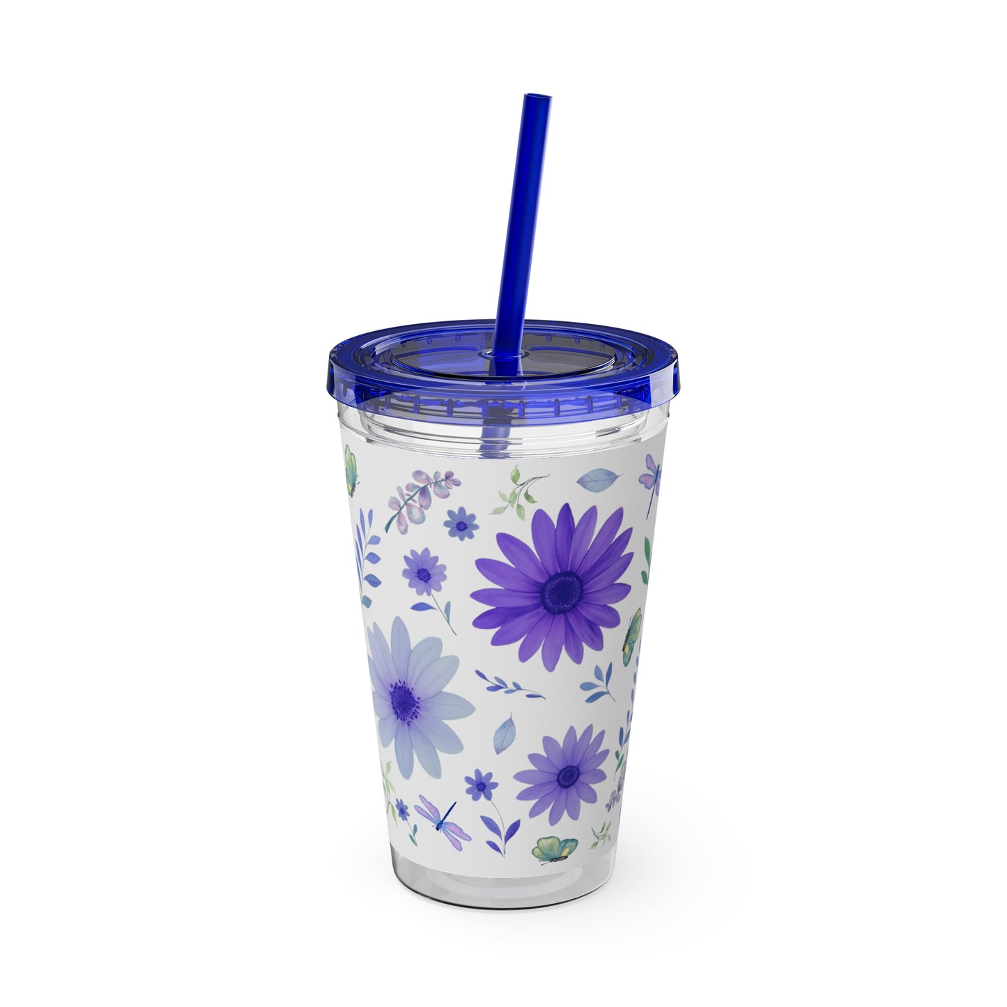 Sunsplash Floral Tumbler: 16oz Reusable Drink Cup, Eco-Friendly Travel Mug, Summer Party Gift, Floral Straw Cup, Garden Inspired Drinkware