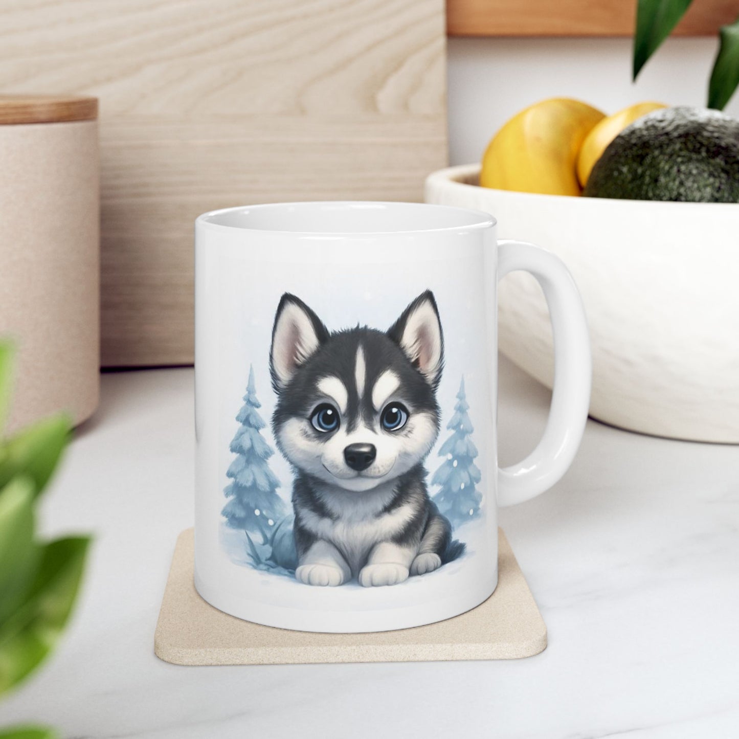 Winter Ceramic Mug, Cute Winter Mug, Holiday Gift, Cozy Drinkware, Husky Puppy Coffee Cup, Adorable Animal Mug Gift, Dog Lover gift