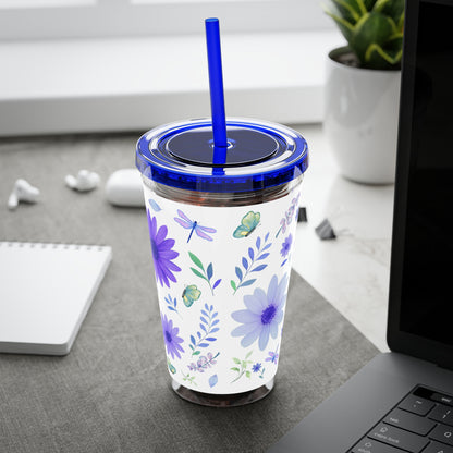 Sunsplash Floral Tumbler: 16oz Reusable Drink Cup, Eco-Friendly Travel Mug, Summer Party Gift, Floral Straw Cup, Garden Inspired Drinkware