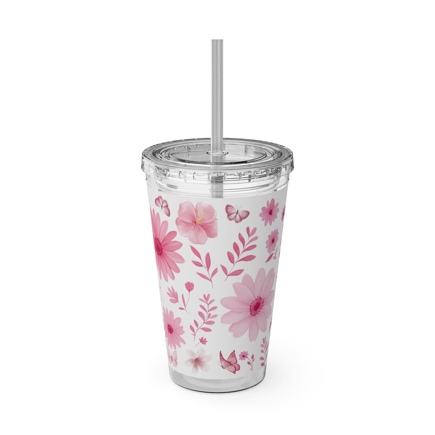 Pink Floral Tumbler, Insulated Drink Cup, Reusable Coffee Travel Mug, Gift for Her, Summer Drinkware