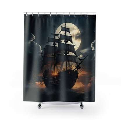 Nautical Moonlit Ship Shower Curtain - Ocean Decor, Bathroom Accessories, Nautical Home, Coastal Decor, Gift for Sailors, Pirate Ship