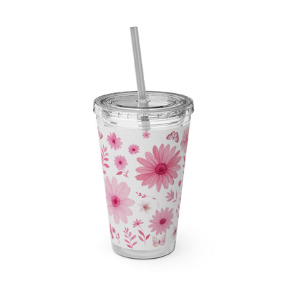 Pink Floral Tumbler, Insulated Drink Cup, Reusable Coffee Travel Mug, Gift for Her, Summer Drinkware