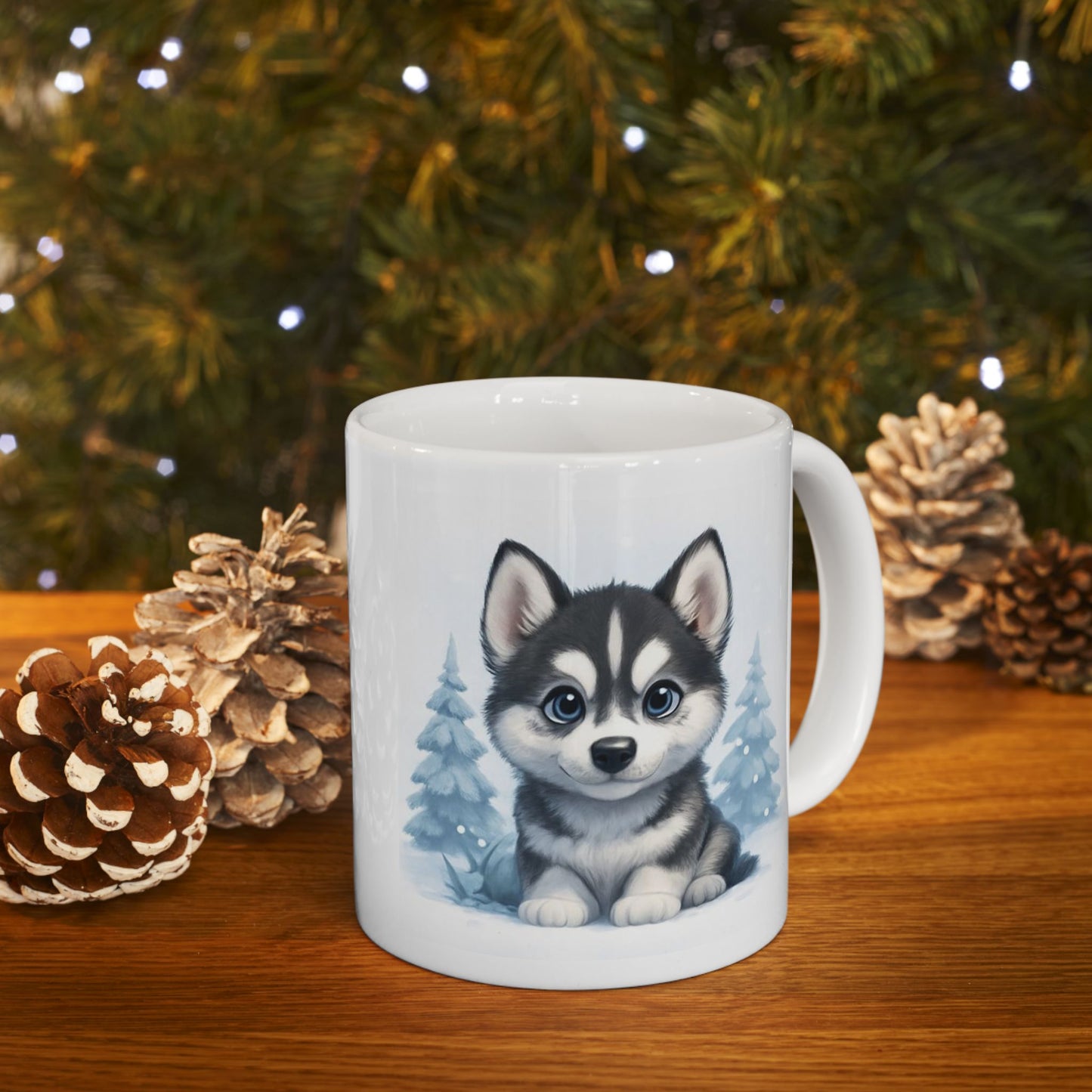 Winter Ceramic Mug, Cute Winter Mug, Holiday Gift, Cozy Drinkware, Husky Puppy Coffee Cup, Adorable Animal Mug Gift, Dog Lover gift