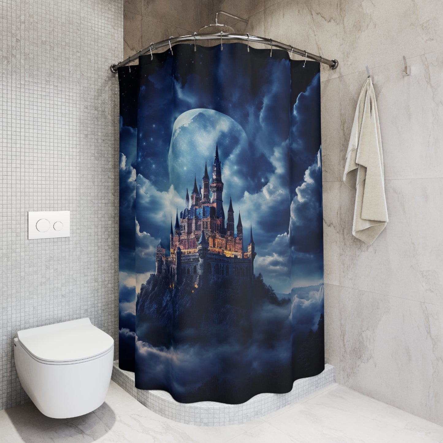Moonlit Castle Shower Curtain - Fantasy Reader Decor, Bathroom Style, Gothic Home, Magical Vibes, Gift for Dreamers, Starry Night Castle