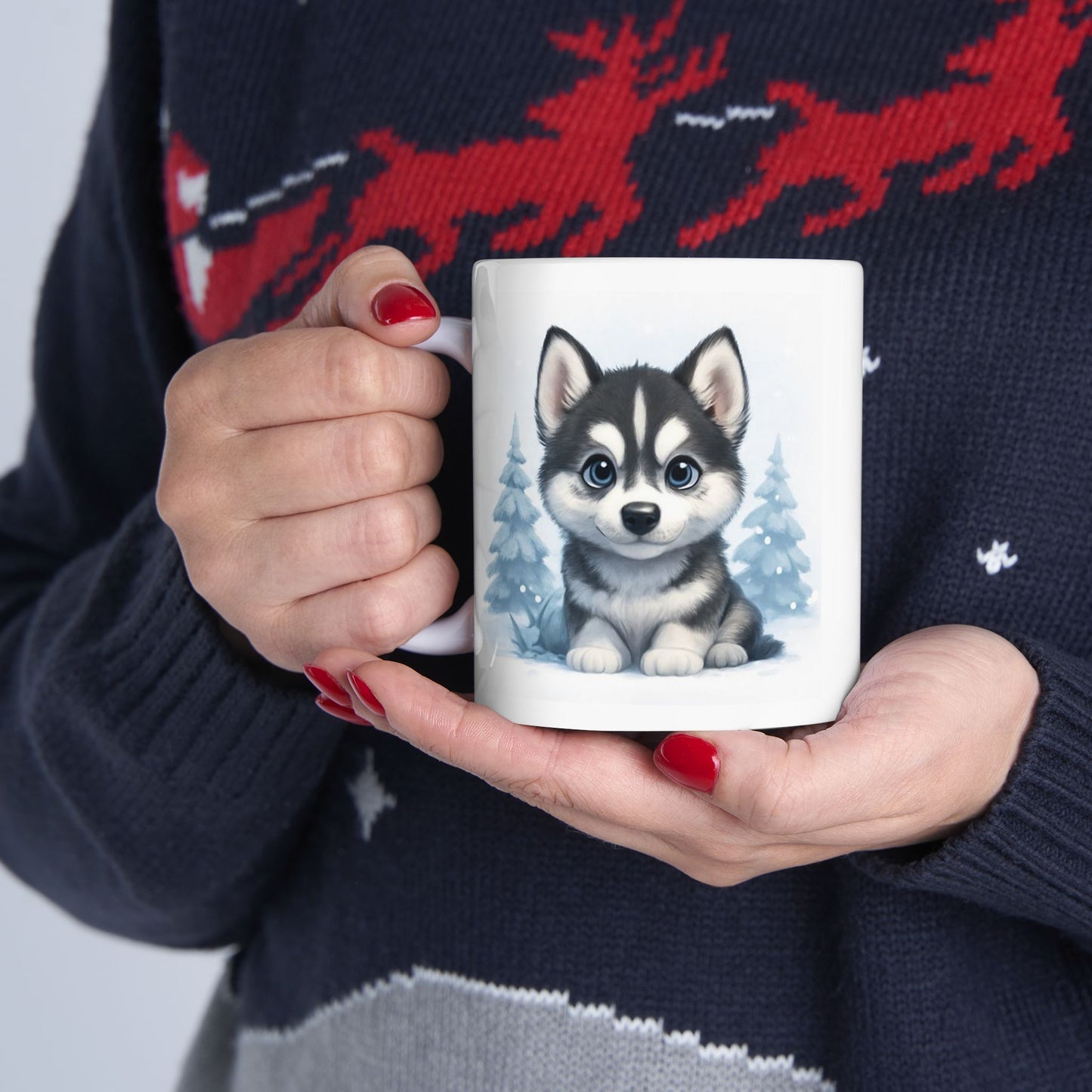 Winter Ceramic Mug, Cute Winter Mug, Holiday Gift, Cozy Drinkware, Husky Puppy Coffee Cup, Adorable Animal Mug Gift, Dog Lover gift