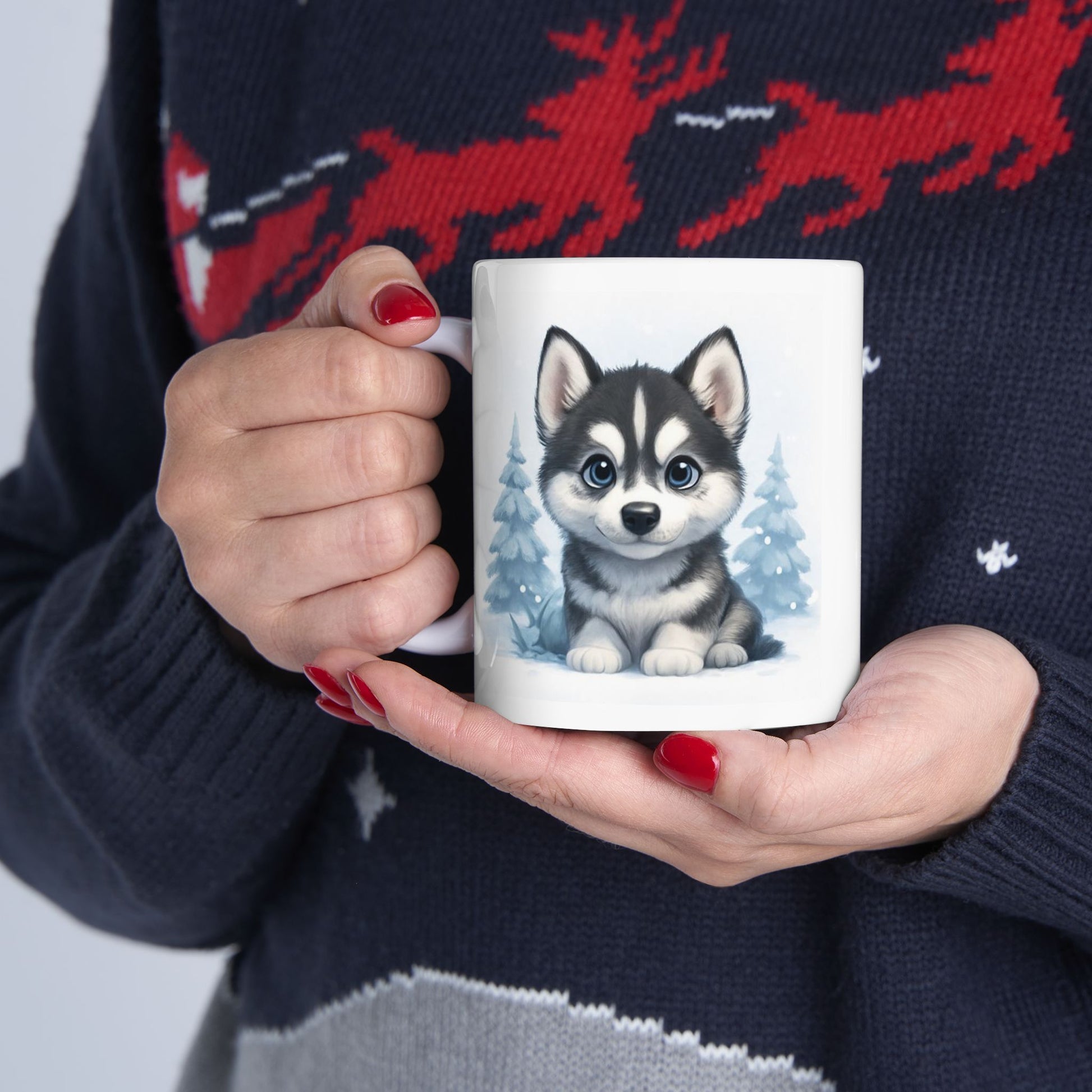 Winter Ceramic Mug, Cute Winter Mug, Holiday Gift, Cozy Drinkware, Husky Puppy Coffee Cup, Adorable Animal Mug Gift, Dog Lover gift