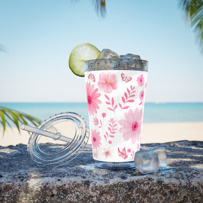 Pink Floral Tumbler, Insulated Drink Cup, Reusable Coffee Travel Mug, Gift for Her, Summer Drinkware