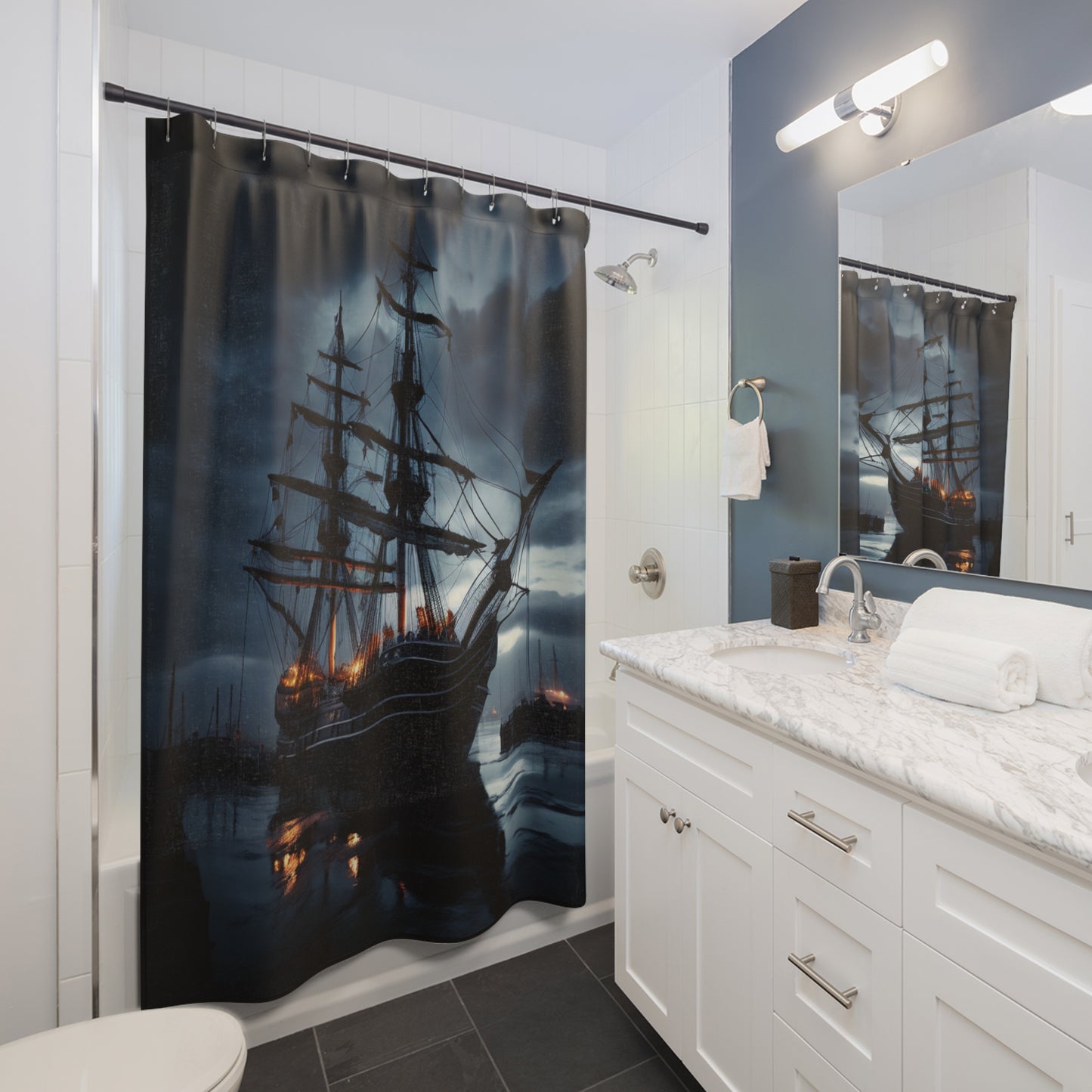 Gothic Pirate Ship Shower Curtain, Nautical Bathroom Decor, Unique Gift for Sailor Enthusiasts, Dark Fantasy Home Accent, Nautical Adventure