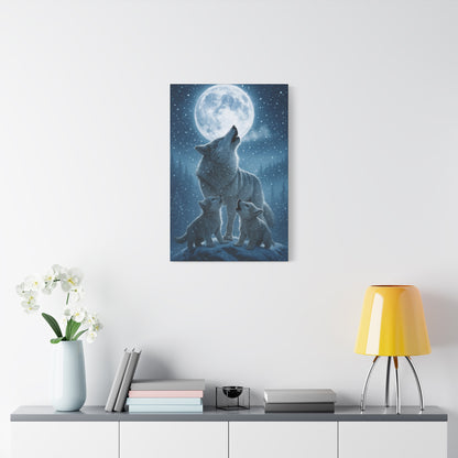 Wolf Family Moonlit Canvas Art, Nature Decor, Wildlife Wall Art, Home Office Art, Gift for Animal Lovers