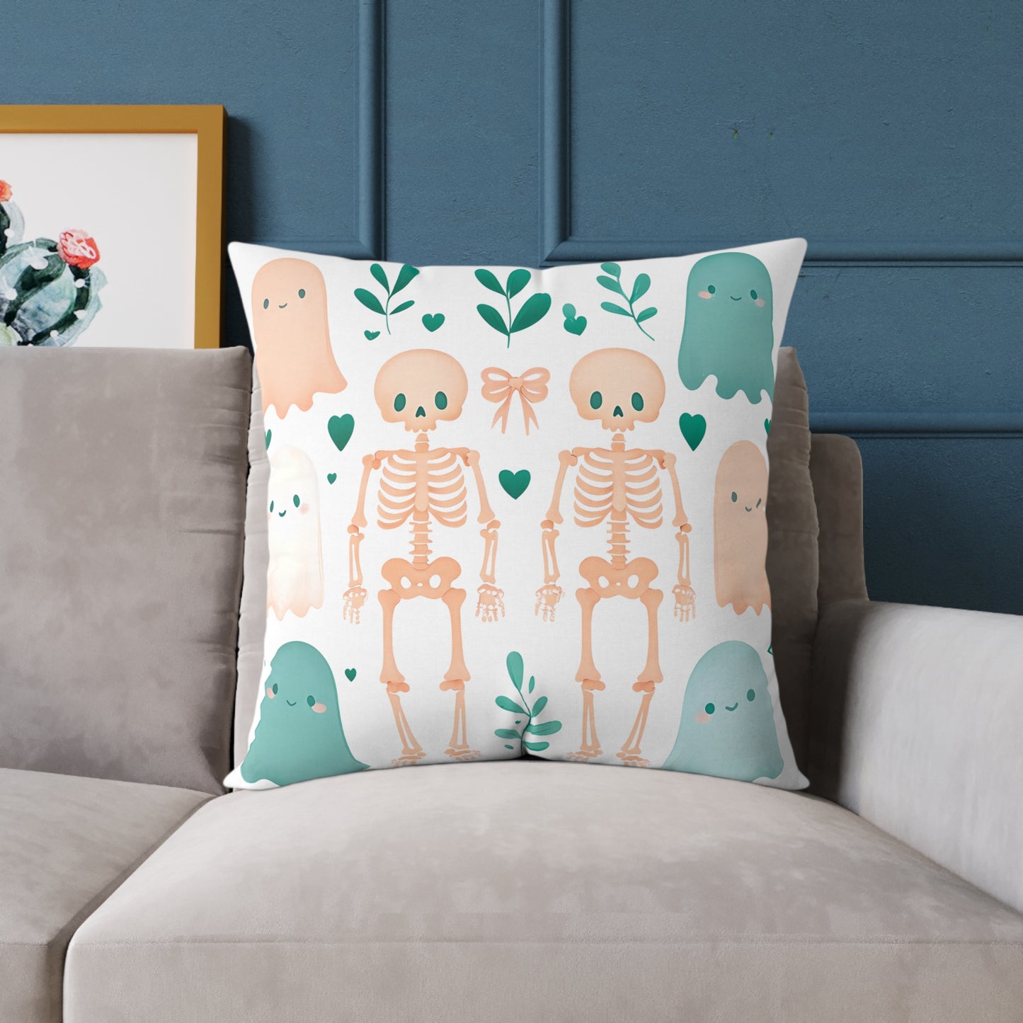 Cute Halloween Decorative Pillow, Ghost and Skeleton Throw Pillow, Spooky Home Decor, Fall Accent Cushion, Halloween Gift