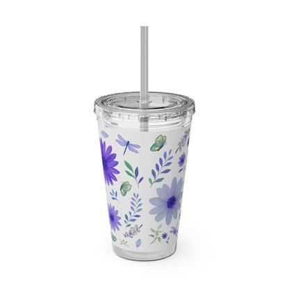 Sunsplash Floral Tumbler: 16oz Reusable Drink Cup, Eco-Friendly Travel Mug, Summer Party Gift, Floral Straw Cup, Garden Inspired Drinkware