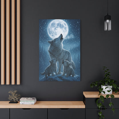 Wolf Family Moonlit Canvas Art, Nature Decor, Wildlife Wall Art, Home Office Art, Gift for Animal Lovers