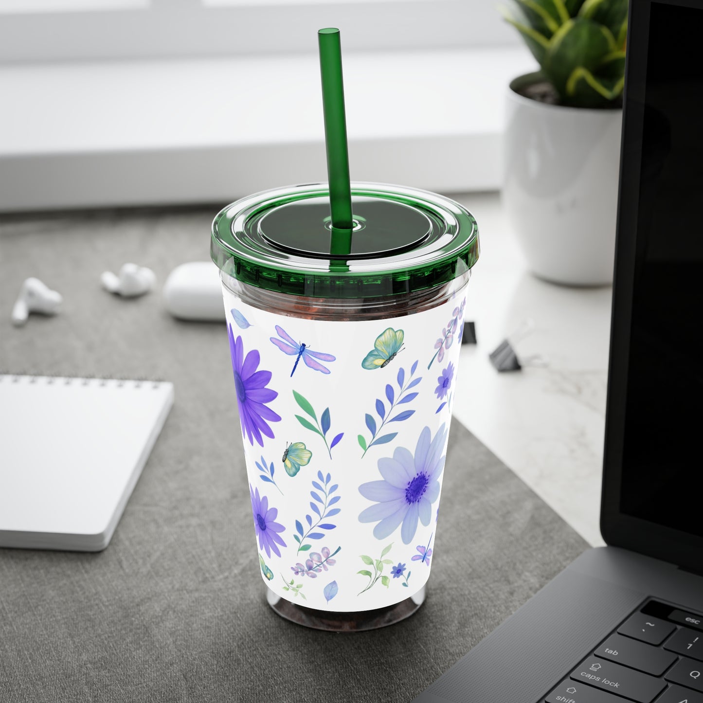 Sunsplash Floral Tumbler: 16oz Reusable Drink Cup, Eco-Friendly Travel Mug, Summer Party Gift, Floral Straw Cup, Garden Inspired Drinkware