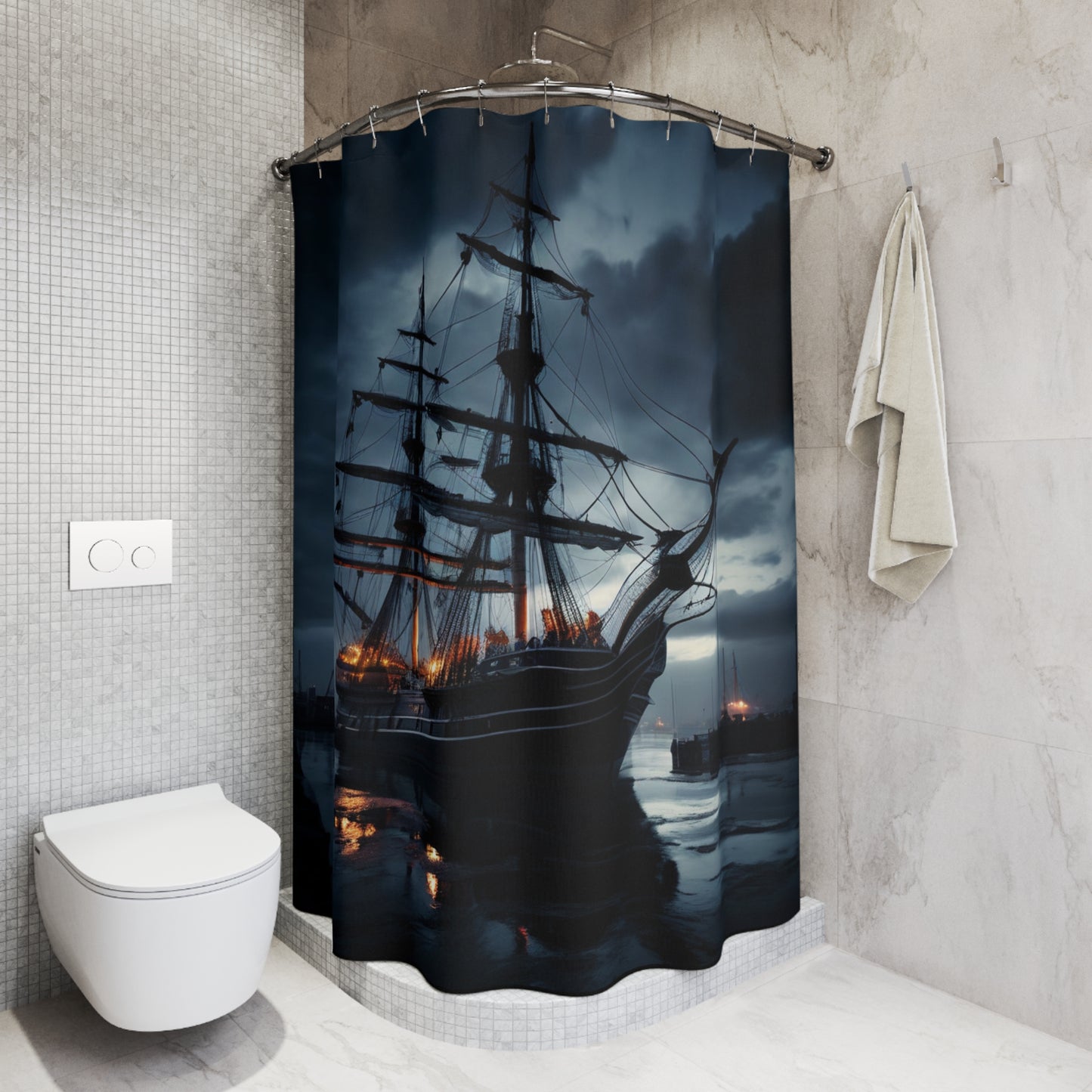 Gothic Pirate Ship Shower Curtain, Nautical Bathroom Decor, Unique Gift for Sailor Enthusiasts, Dark Fantasy Home Accent, Nautical Adventure
