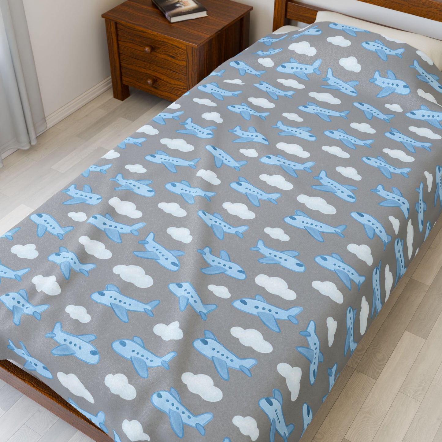 Airplane Theme Velveteen Plush Blanket, Cozy Gift for Kids, Nursery Decor, Air Travel Enthusiast, Soft Toddler Blanket, Baby Boy Decor