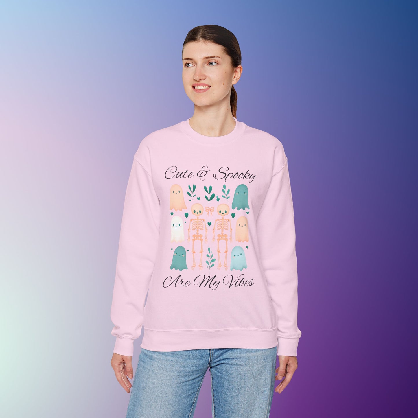Cute & Spooky Vibes Crewneck Sweatshirt, Unisex Sweatshirt, Halloween Apparel, Cozy Casual Wear, Ghost Design, Comfortable Top