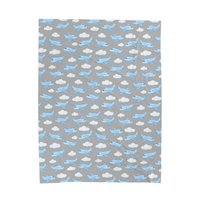 Airplane Theme Velveteen Plush Blanket, Cozy Gift for Kids, Nursery Decor, Air Travel Enthusiast, Soft Toddler Blanket, Baby Boy Decor