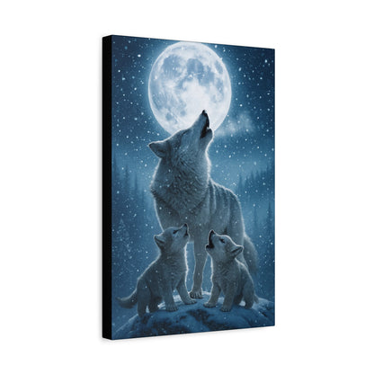 Wolf Family Moonlit Canvas Art, Nature Decor, Wildlife Wall Art, Home Office Art, Gift for Animal Lovers