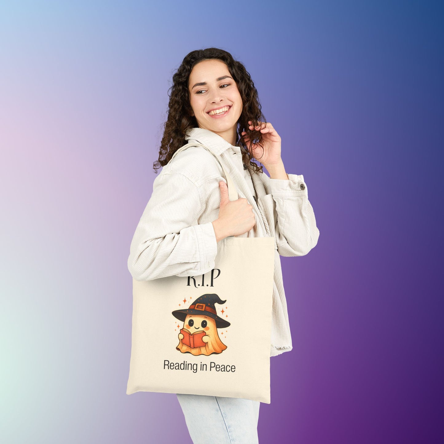 Spooky Reading Tote Bag, Halloween Bag, Ghost Design, Book Lover Gift, Tote for Library, Eco-Friendly Shopper, Halloween Tote Bag