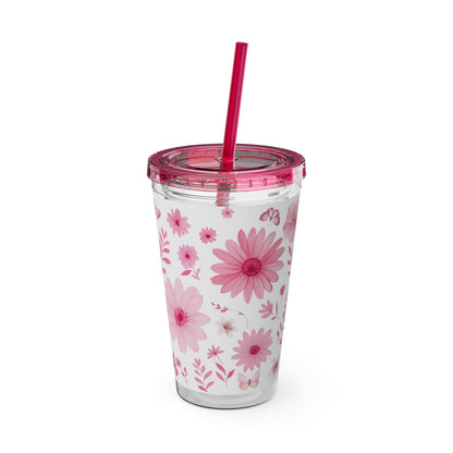 Pink Floral Tumbler, Insulated Drink Cup, Reusable Coffee Travel Mug, Gift for Her, Summer Drinkware