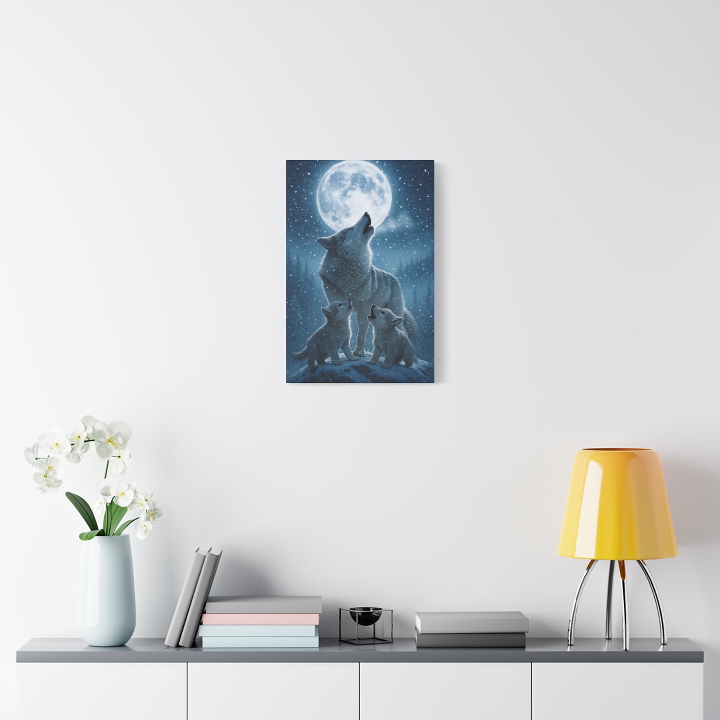 Wolf Family Moonlit Canvas Art, Nature Decor, Wildlife Wall Art, Home Office Art, Gift for Animal Lovers