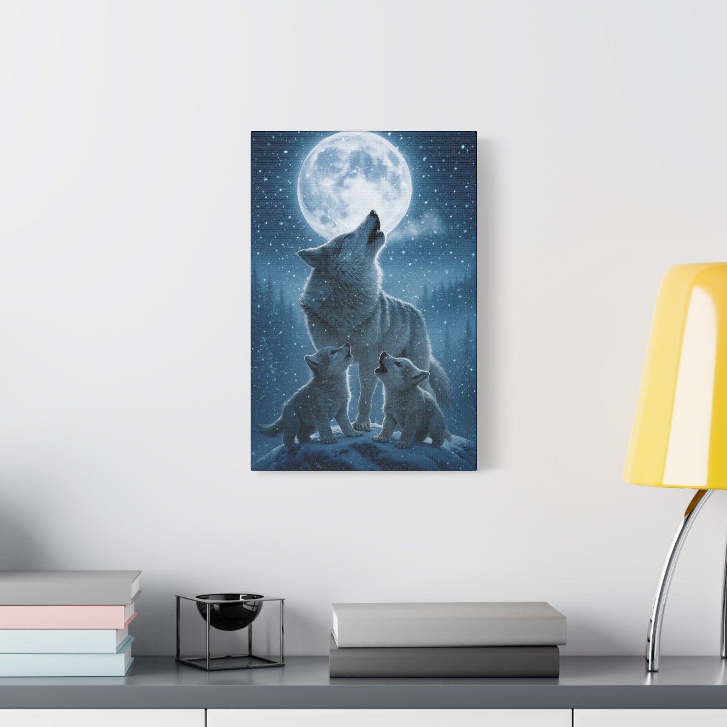 Wolf Family Moonlit Canvas Art, Nature Decor, Wildlife Wall Art, Home Office Art, Gift for Animal Lovers