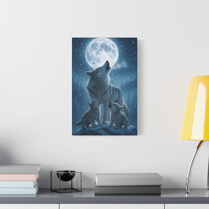 Wolf Family Moonlit Canvas Art, Nature Decor, Wildlife Wall Art, Home Office Art, Gift for Animal Lovers