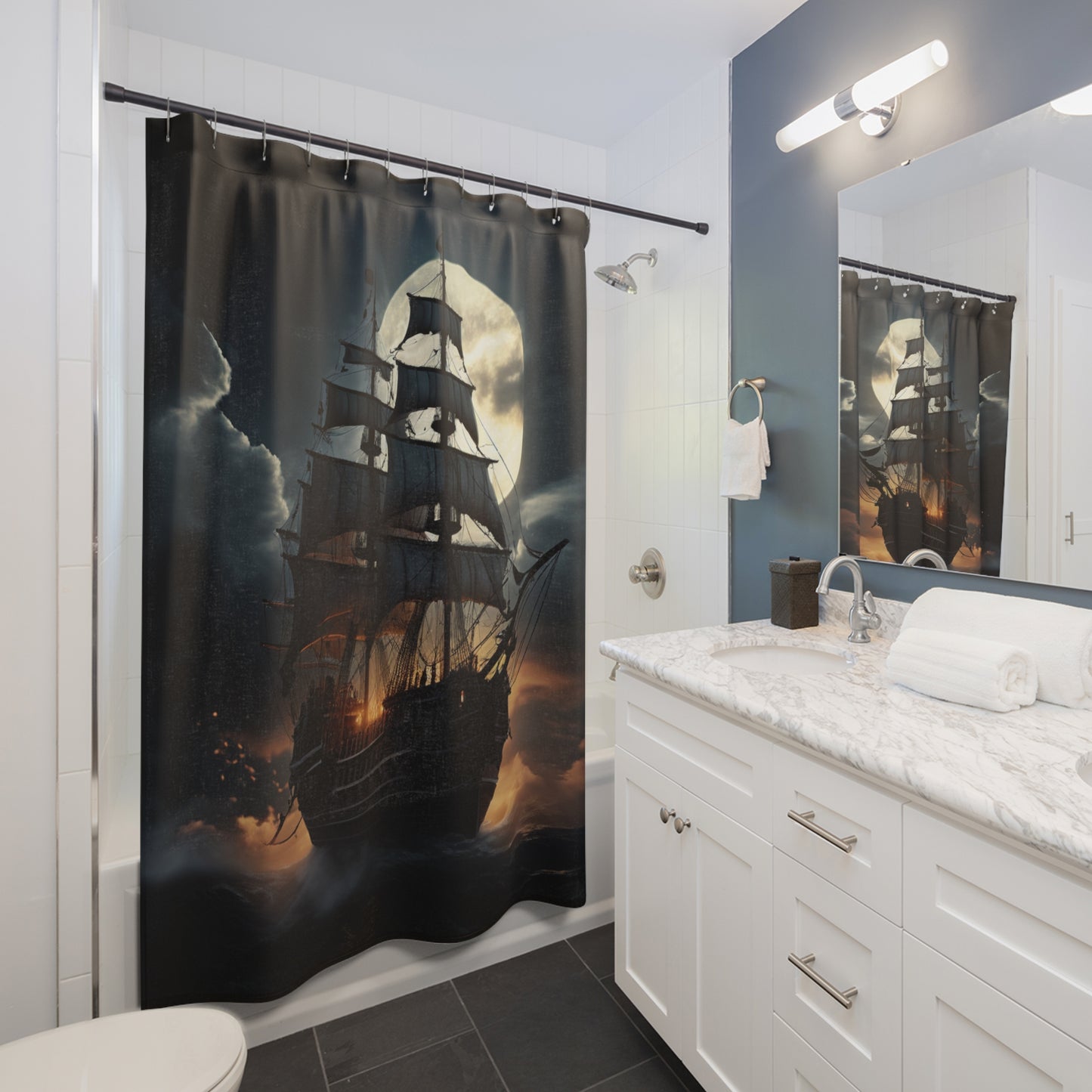Nautical Moonlit Ship Shower Curtain - Ocean Decor, Bathroom Accessories, Nautical Home, Coastal Decor, Gift for Sailors, Pirate Ship