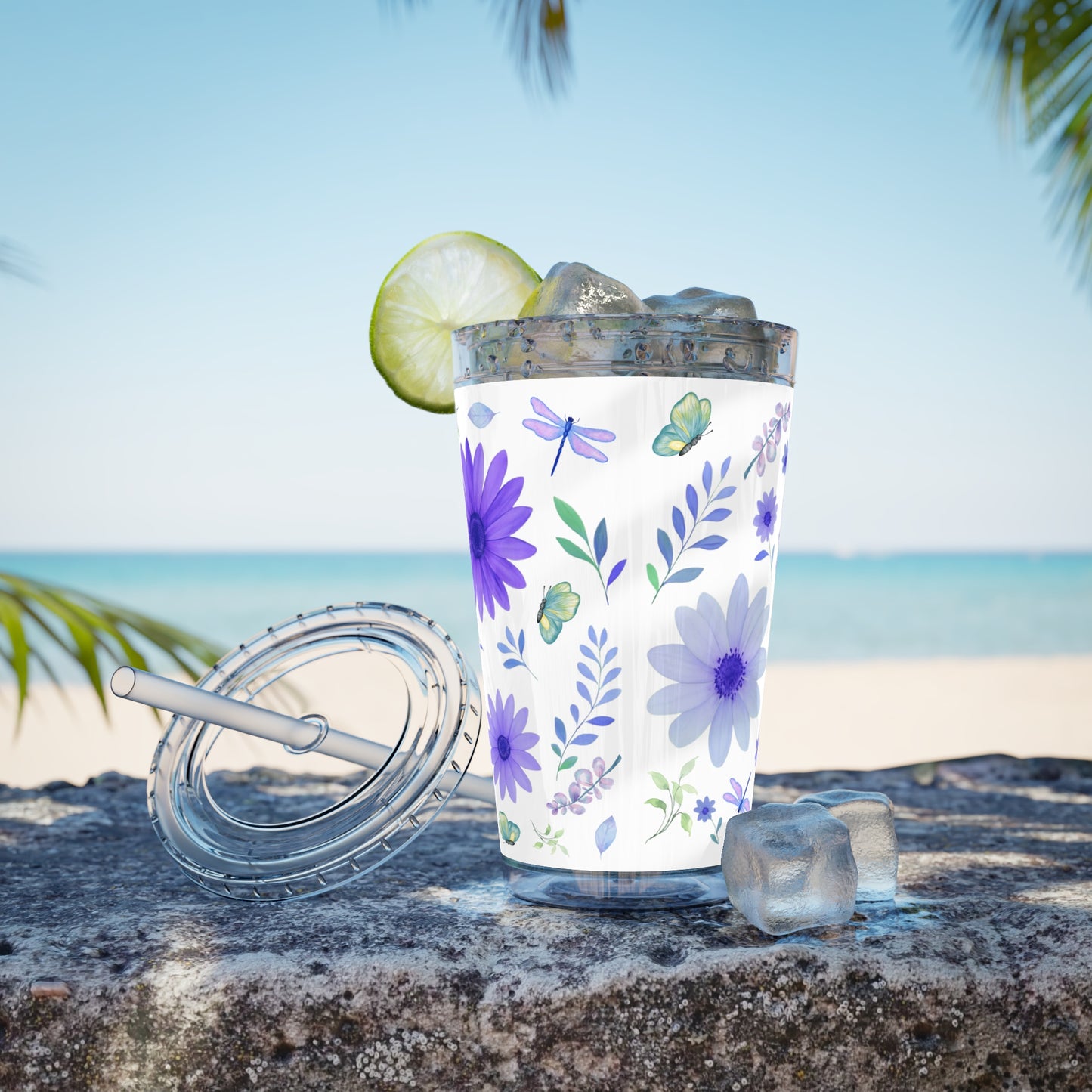 Sunsplash Floral Tumbler: 16oz Reusable Drink Cup, Eco-Friendly Travel Mug, Summer Party Gift, Floral Straw Cup, Garden Inspired Drinkware