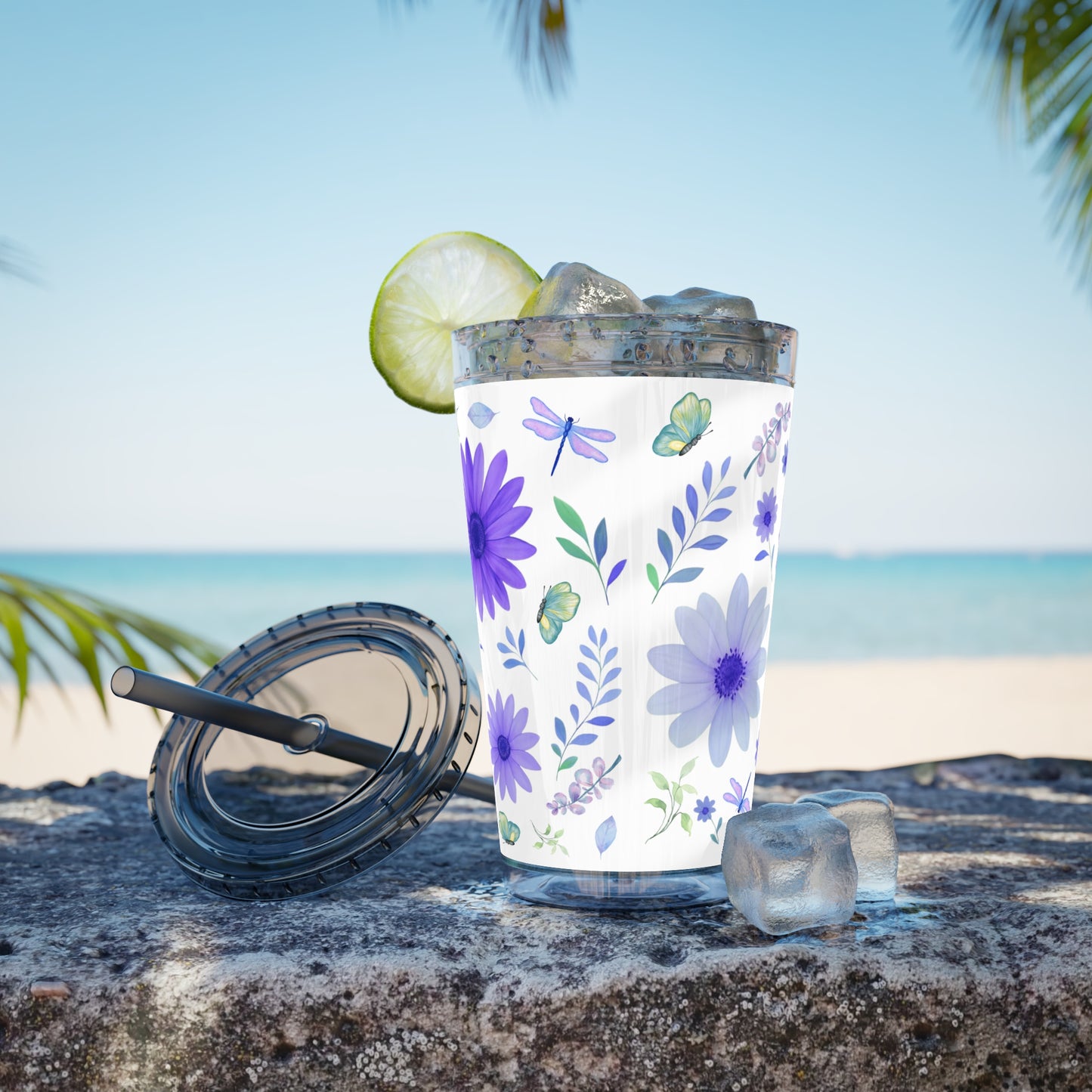 Sunsplash Floral Tumbler: 16oz Reusable Drink Cup, Eco-Friendly Travel Mug, Summer Party Gift, Floral Straw Cup, Garden Inspired Drinkware