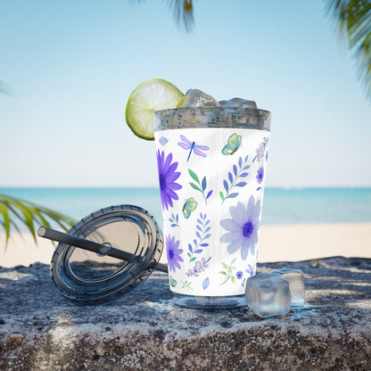 Sunsplash Floral Tumbler: 16oz Reusable Drink Cup, Eco-Friendly Travel Mug, Summer Party Gift, Floral Straw Cup, Garden Inspired Drinkware